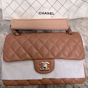 New CHANEL Caramel / Brown Small Classic Double Flaps Handbag Bag Gold Hardware